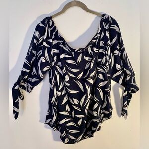 Boho Ann Taylor Navy and White Leaf Print Blouse